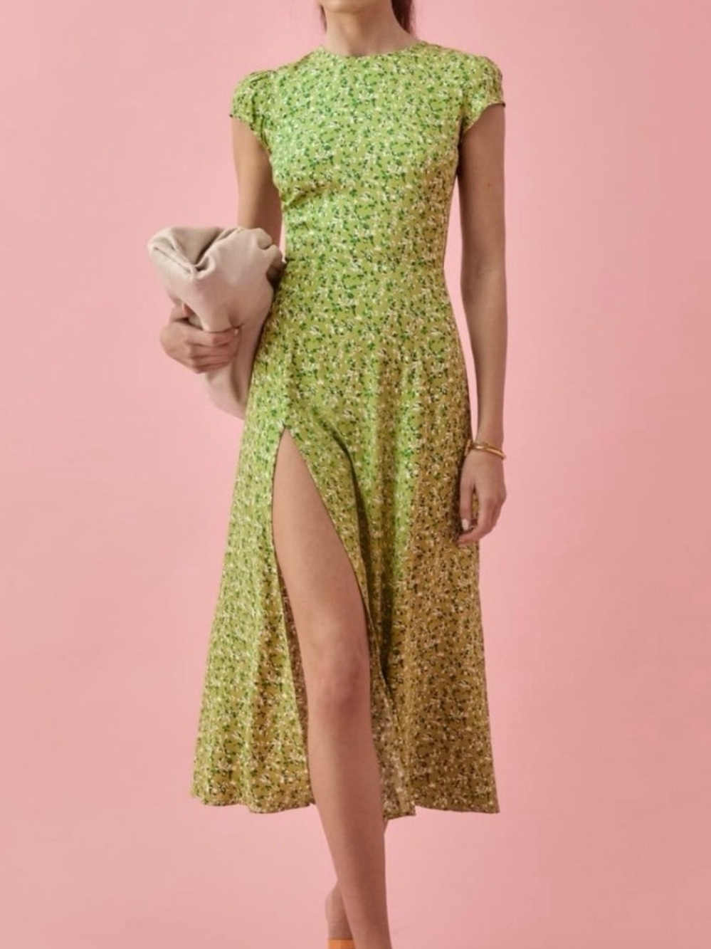NWT Reformation Gavin Midi Dress High Slit Back Cut Out Samantha Print Green 2